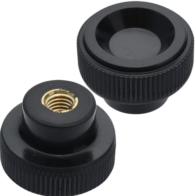 1232056 | KF050M-020-KND-PH (Each) --- Disc Knobs - M5 - 5x0.8mm - 20x9 mm Female Knurled Plastic - Brass Knob