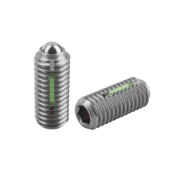 1072211 | PLBT-064C-150-S3LK-040 (PK-10) --- Ball Threaded Plungers - 1/4-20 UNC - 6.35mm - 15 mm - 2.9 N Stainless Body and Ball with Threadlock - Stainless Steel 303 Similar to A2, 304, 18-8 Plunger