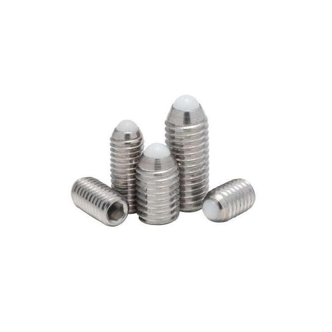 1052590 | SS040M-0100-S4-PO-RB (Each) --- Rolling Ball Tip Socket Set Screws - M4 - 4x0.7mm - 9.6 mm - 304 Stainless Steel with Polyacetal tip Screw