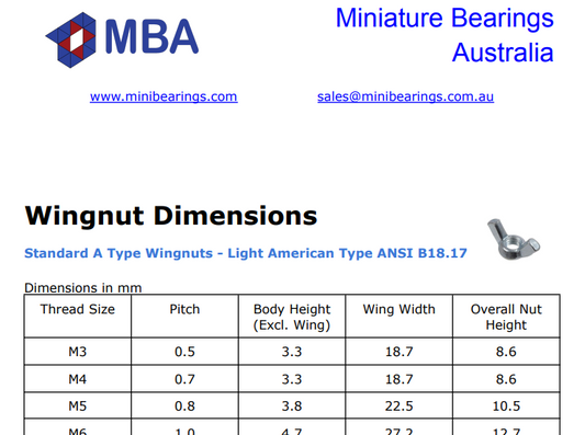 Metric Wingnut Dimension Chart