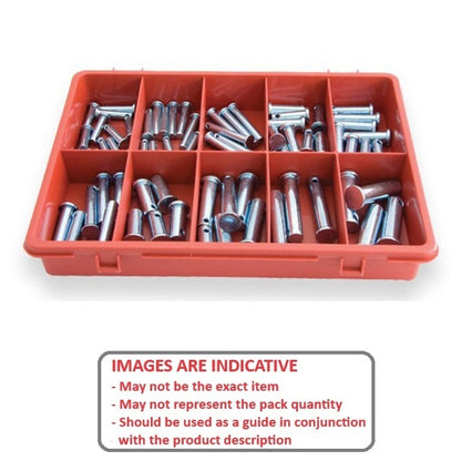 1077048 | AST-CLE-I-0083 --- Assortment - Clevis Pins x 83 15 Sizes of standard imperial clevis pins in a metal drawer (no lid)