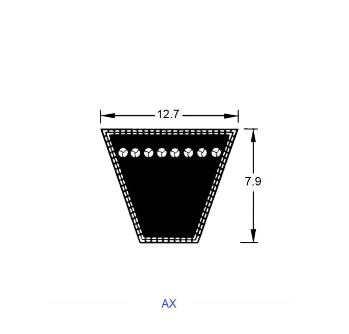 1225250 | BV12-00533-AX21 (Each) --- Vee Belts - 533.4 - 21.0 in. - mm - - - 12.7 x 7.9mm Notched AX - Natural Rubber - Raw Edge Belt