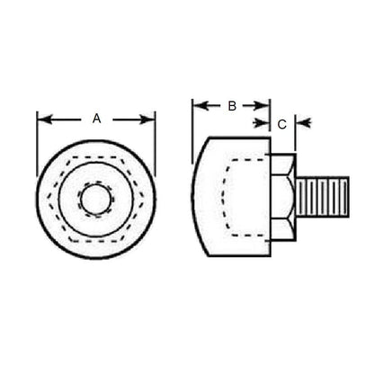 Pare-Chocs Cylindrique 38,1 x 31,75mm - 3/8-16 UNC - Mâle Plat à Bords Rayés Polyuréthane - Bleu - 90A - MBA (Pack de 1)