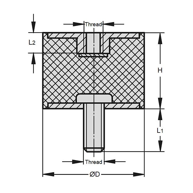 Supporto per bobina 65 x 35 - M10 mm - Gomma naturale 60A - Maschio a femmina - MBA (confezione da 10)