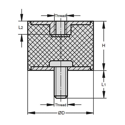 Supporto per bobina 15 x 13 mm - M4 - Gomma naturale 70A - Da maschio a femmina - MBA (confezione da 40)