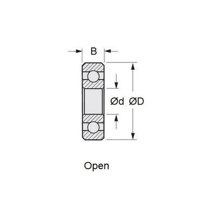 Roulement à billes 4,763 x 12,7 x 3,969 mm - Acier chromé - Abec 1 - MC3 - Standard - Ouvert légèrement huilé - Retenue de ruban - MBA (1 pièce)