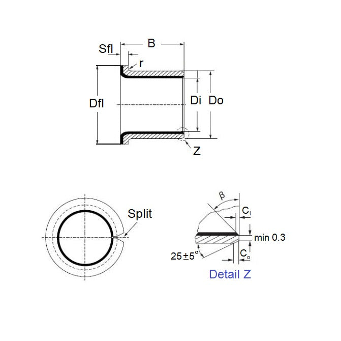 Douille en acier 6 x 8 x 7 mm - Bride fendue en acier DU avec PTFE - MBA (Pack de 5)