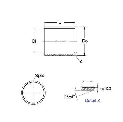 1110369 | BP0159-0183-0254-DU (PK-200) --- Unflanged Bushes - 15.875x18.256x25.4 mm Split