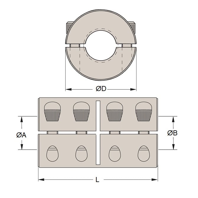 Accouplement rigide 15,875 à clé x 12,7 à clé x 33,320 x 50,8 mm - Acier - Pince en deux pièces - MBA (Pack de 1)