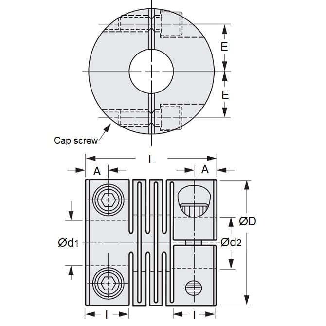 Accouplement de type fendu 15,875 x 15,875 x 34 x 35 mm - Aluminium - Verrouillage par vis de réglage - MBA (Pack de 1)