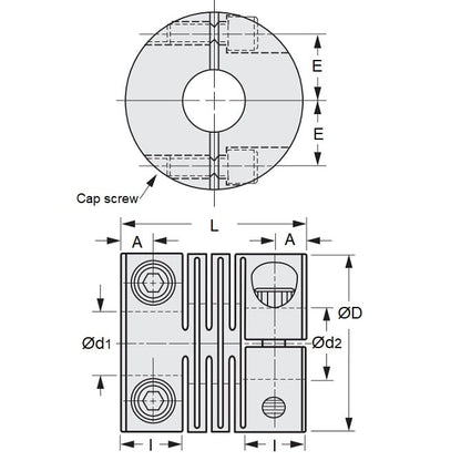 Accouplement de type fendu 15,875 x 15,875 x 34 x 35 mm - Aluminium - Verrouillage par vis de réglage - MBA (Pack de 1)