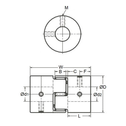 1046656 | CP-032-064-14-022-J-PU92G (Each) --- Spider Type C Complete Couplings - 3.175x6.35x14 mm - Aluminium with 92 Duro White Spider Coupling