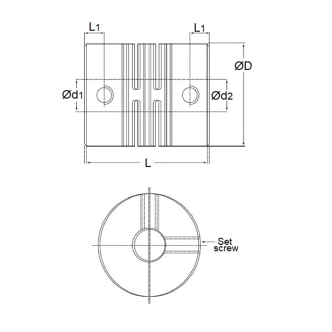 Accouplement de poutre en spirale 1,6 alésage pilote - 2,900 alésage pilote x 9,52 x 19,5 mm - aluminium de type fente - verrouillage par vis de réglage - MBA (paquet de 1)