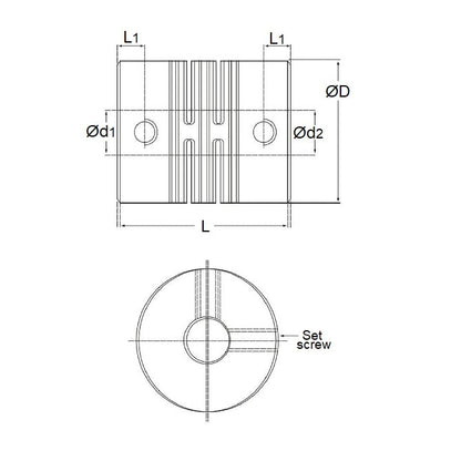 Accouplement de poutre en spirale 1,6 alésage pilote - 2,900 alésage pilote x 9,52 x 19,5 mm - aluminium de type fente - verrouillage par vis de réglage - MBA (paquet de 1)