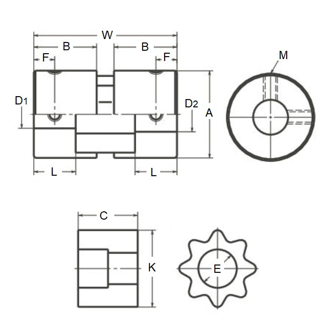 1070676 | CP-064-064-20-034-J-SPLN-X (Each) --- Spline Type Couplings - 6.35x6.35x20 mm Complete - Aluminium and Rubber Coupling