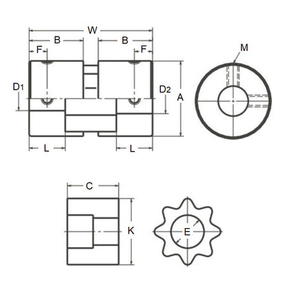 1070676 | CP-064-064-20-034-J-SPLN-X (Each) --- Spline Type Couplings - 6.35x6.35x20 mm Complete - Aluminium and Rubber Coupling
