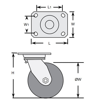 1161912 | RWC-S2710B (2 Pcs) --- Castors - 50 Swivel with Brake Inst Rubber