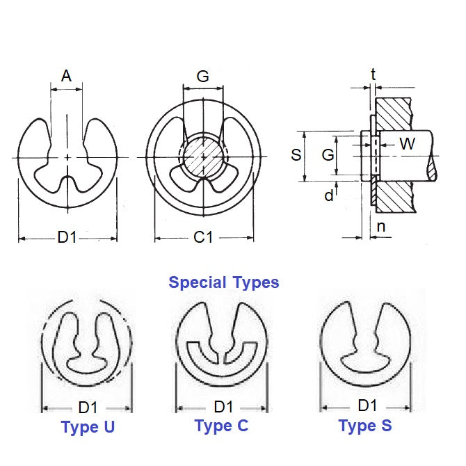 1061823 | ECL-0040-0050-CZ (100 Pcs) --- E-Clips Retaining Rings - 5 mm x 4 mm x 0.7 mm