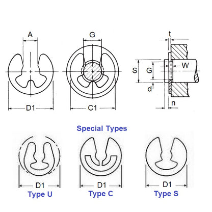 1061823 | ECL-0040-0050-CZ (100 Pcs) --- E-Clips Retaining Rings - 5 mm x 4 mm x 0.7 mm