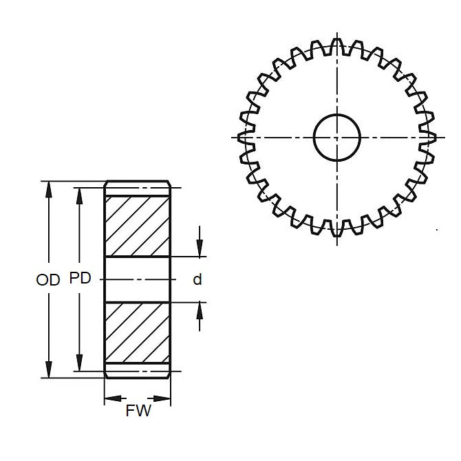 1066599 | G005B-06-V32-048-016-B-N --- Spur Gears - 6 x 4.78 mm x 1.588 mm