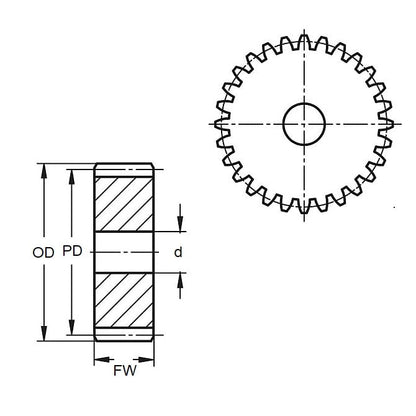 Ingranaggio cilindrico 6 denti x diametro 6,4 mm. x 5 mm di larghezza con foro di 1,59 mm - Ottone 32DP 14,5 gradi - Senza mozzo - 6 denti - MBA (confezione da 1)