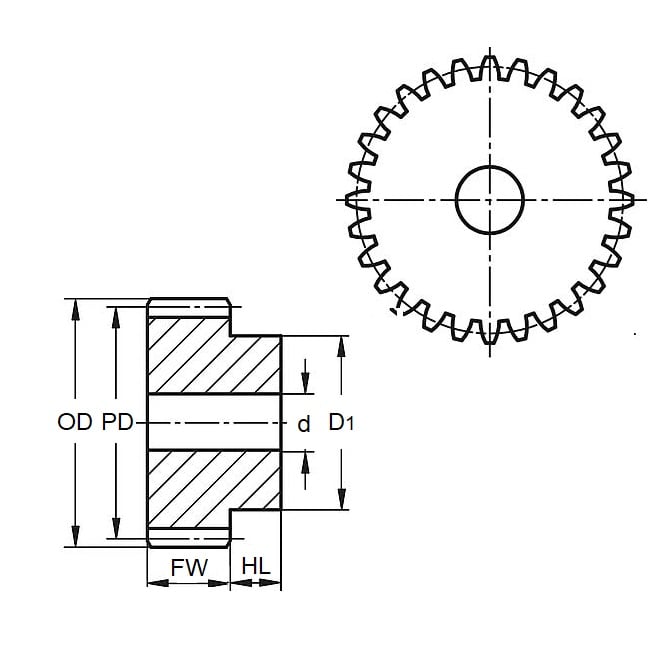 Ingranaggio cilindrico 80 denti x diametro 65,1 mm. x 5 mm di larghezza con foro di 7,94 mm - Acetale 32DP 20 gradi - 80 denti - MBA (confezione da 1)