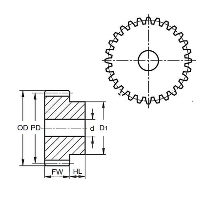 Ingranaggio cilindrico 80 denti x diametro 43,4 mm. x 3 mm di larghezza con foro di 6,35 mm - Acetalica 48DP 20 gradi - 80 denti - MBA (confezione da 1)