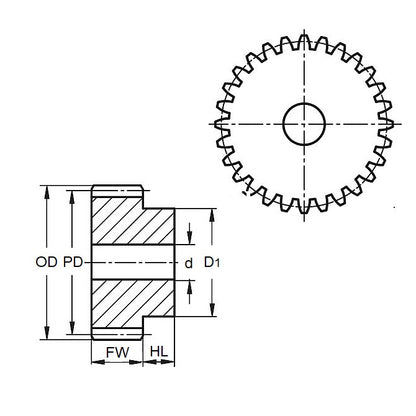 Ingranaggio cilindrico 54 denti x 59,3 mm di diametro. x 6 mm di larghezza con foro di 7,94 mm - Ottone 24DP 14,5 gradi - 54 denti - MBA (confezione da 1)