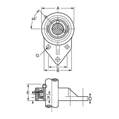 Boîtier de roulement 19,05 x 63,500 x 61,9 – 3 boulons décalés en thermoplastique avec acier chromé – MBA (lot de 1)