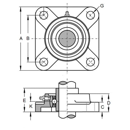 1132121 | IP-147RS (Each) --- Flanged 4 Bolt Housing and Bearing Assembly - 25x14x95 mm Rigid - Thermoplastic and Stainless Steel