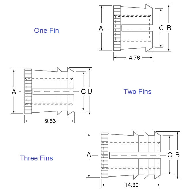 1060790 | IN-PF-0476F-048-W (5 Pcs) --- Tapered Fit Finserts For Wood and Plastics Inserts - 10-32 UNF (4.76mm) x 6.63 mm x 9.53 mm