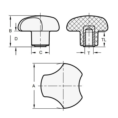 1074714 | KF064C-038-3L --- Lobe Knobs - 1/4-20 UNC (6.35mm) x 38.1 mm x 9.9 mm