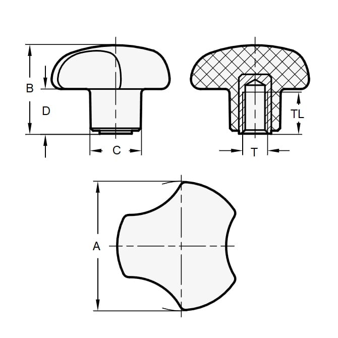 Bouton Trois Lobes 5/16-18 UNC x 50,04 x 14 mm - Insert Laiton Thermoplastique - Noir - Femelle - MBA (Pack de 1)