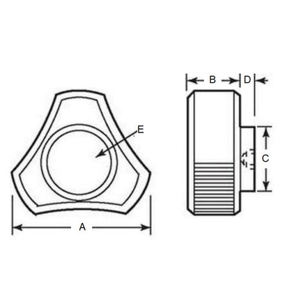 Manopola a tre lobi 1/4-20 UNC x 19,05 x 9,5 mm - Inserto in ottone fenolico - Nero - Femmina - MBA (confezione da 5)