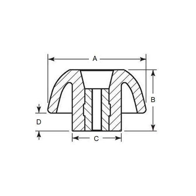 Bouton Trois Lobes 3/8-16 UNC x 62,99 x 23,1 mm - Insert Laiton Thermoplastique - Noir - Femelle - MBA (Pack de 1)