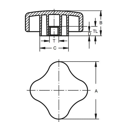 Manopola a quattro lobi 1/2-13 UNC x 50,04 x 19,1 mm - Inserto in ottone fenolico - Nero - Femmina - MBA (confezione da 1)