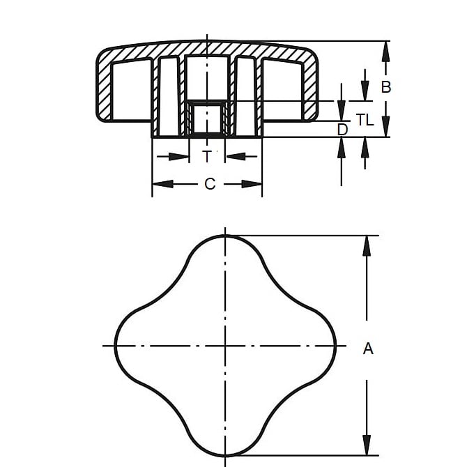 Manopola a quattro lobi 5/16-18 UNC x 50,04 x 14 mm - Inserto in ottone fenolico - Nero - Femmina - MBA (confezione da 1)