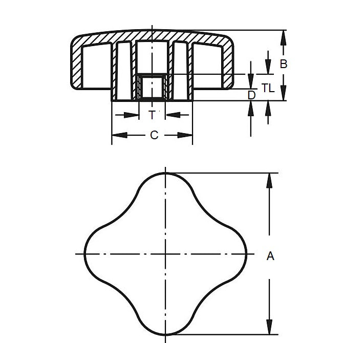 1103050 | KF127C-050-4L (Each) --- Lobe Knobs - 1/2-13 UNC - 12.7mm - 50.04x19.1 mm Four Lobe - Brass Knob