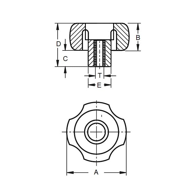 Manopola a quattro lobi 1/2-13 UNC x 59,94 x 19,1 mm - Foro passante Inserto in ottone Termoplastico - Nero - Femmina - MBA (confezione da 1)