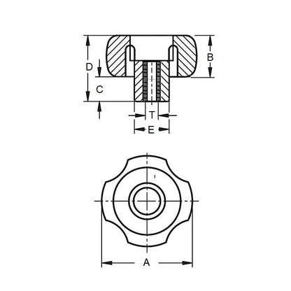 Manopola a quattro lobi 5/8-11 UNC x 80,01 x 23,9 mm - Foro passante Inserto in ottone Termoplastico - Nero - Femmina - MBA (confezione da 1)