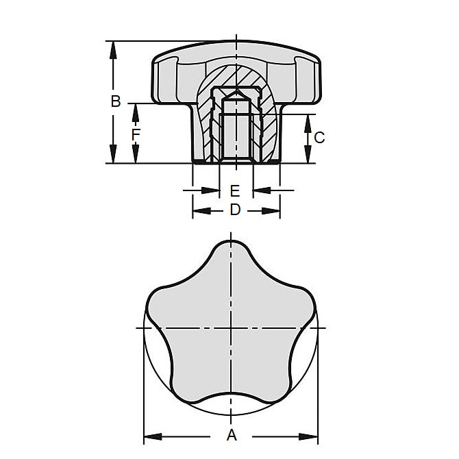 1061111 | KF048F-025-5L-BR --- Lobe Knobs - 10-32 UNF (4.76mm) x 24.89 mm x 9.9 mm