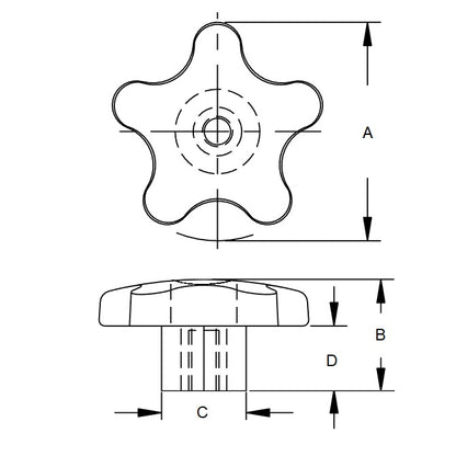 1075098 | KF064C-057-5L-PB --- Lobe Knobs - 1/4-20 UNC (6.35mm) x 57.15 mm x 18.3 mm