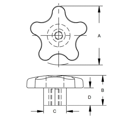 1088750 | KF095C-057-5L-PB --- Knobs - 3/8-16 UNC (9.53mm) x 57.15 mm x 18.3 mm