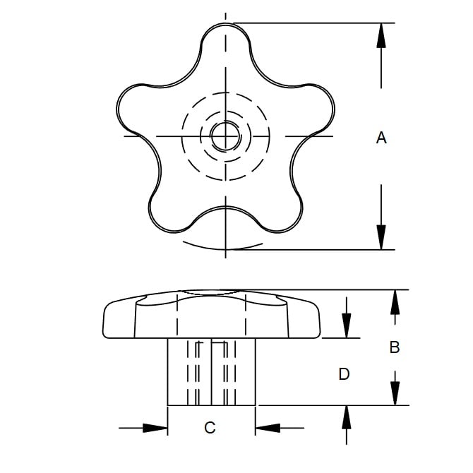 Manopola a cinque lobi 5/16-18 UNC x 57,15 x 18,3 mm - Inserto per dado esagonale in acciaio zincato Polipropilene - Nero - Femmina - MBA (confezione da 1)