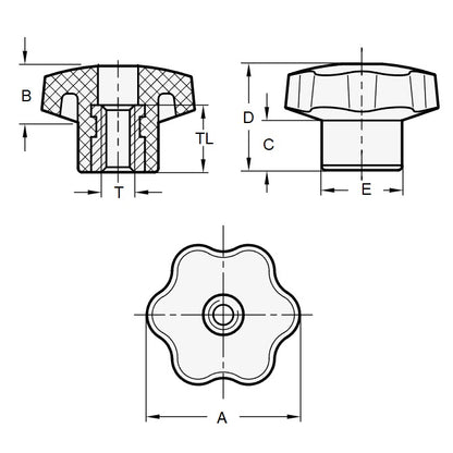 Pomello a Sei Lobi M6 x 40 x 18 mm - Foro Passante Inserto in Ottone Termoplastico - Nero - Femmina - MBA (Confezione da 1)