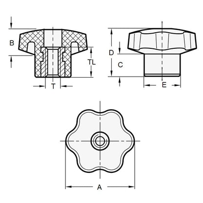 1104428 | KF127C-060-6L-PBR --- Knobs - 1/2-13 UNC (12.7mm) x 59.94 mm x 19.1 mm