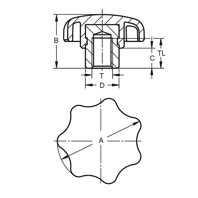 Pomello a sette lobi M4 x 25 mm - Inserto in Acciaio Termoplastico - Nero - Femmina - MBA (Confezione da 1)