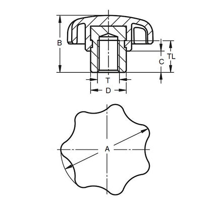 Bouton Sept Lobes M4 x 25 mm - Insert Acier Thermoplastique - Noir - Femelle - MBA (Pack de 1)