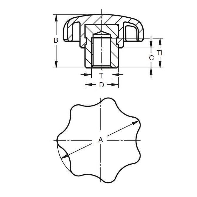 Pomello a Sette Lobi M6 x 32 mm - Inserto in Acciaio Termoplastico - Nero - Femmina - MBA (Confezione da 1)