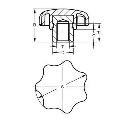 Bouton à sept lobes 5/8-11 UNC x 63 mm - Insert de moyeu en acier plaqué thermoplastique - Noir - Femelle - MBA (Pack de 1)